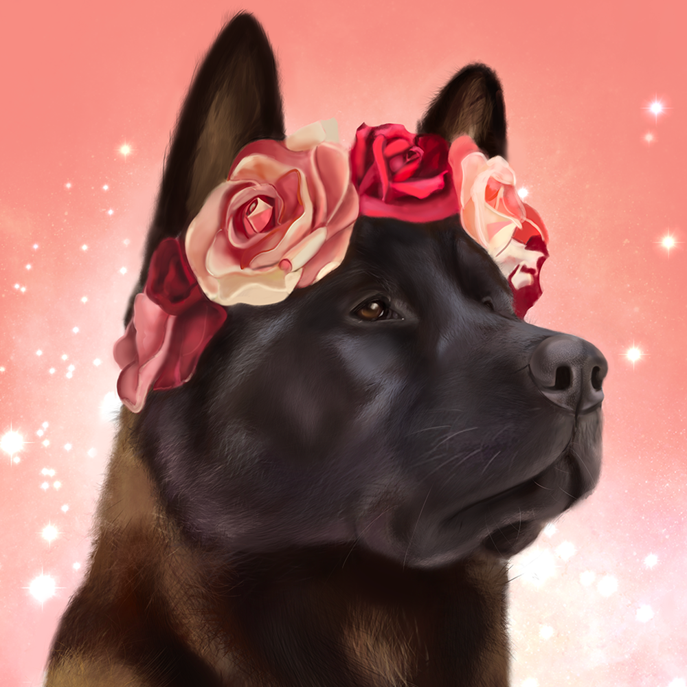 digital painting of an American Akita in a red and peach flower crown